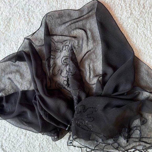Sheer Black Beaded Fringe Chiffon Sarong Wrap Handmade - Picture 2 of 8
